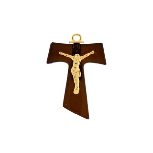 Pingente Cruz Franciscana Ouro com Marrom 46mm